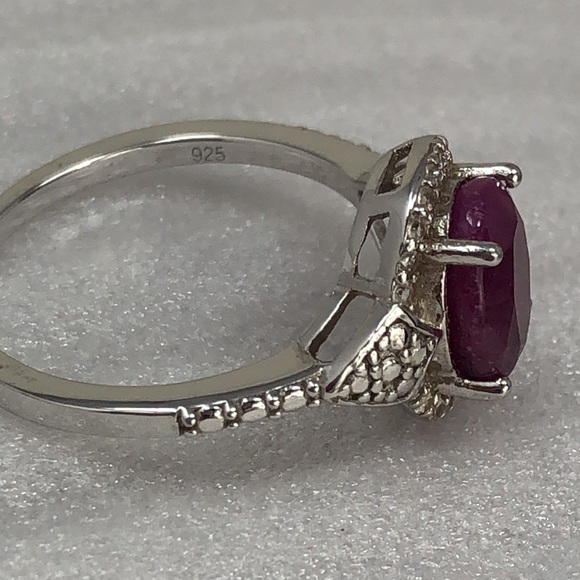 Red Opaque Ruby Ring Zircon Halo Gemstones Rhodium Over Sterling Silver Size 7 - Picture 5 of 9